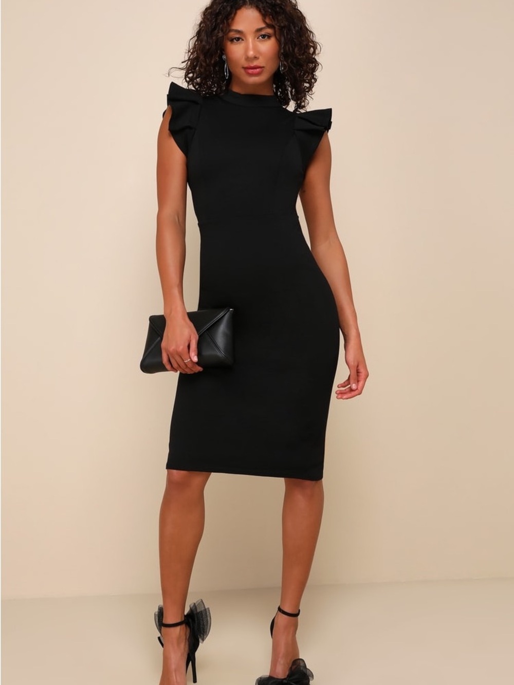 Lulus Stylish Splendor Black Backless Ruffle Bodycon Midi Dress – Size S